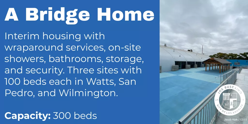 A Bridge Home: Interim housing with wraparound services, on-site showers, bathrooms, storage, and security. Three sites with 100 beds each in Watts, San Pedro, and Wilmington. Capacity: 300 Beds