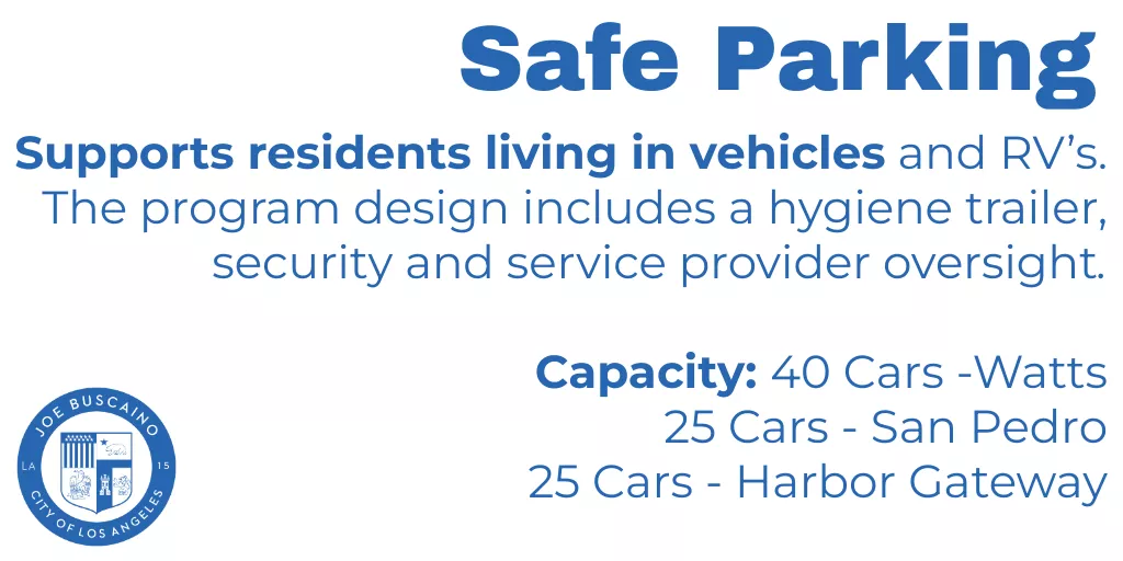 Safe Parking: Supports residents living in vehicles and RV's. The program design includes a hygiene trailer, security and service provider oversight. Capacity: (40 Cars-Watts) (25 Cars -San Pedro) (25 Cars -Harbor Gateway)