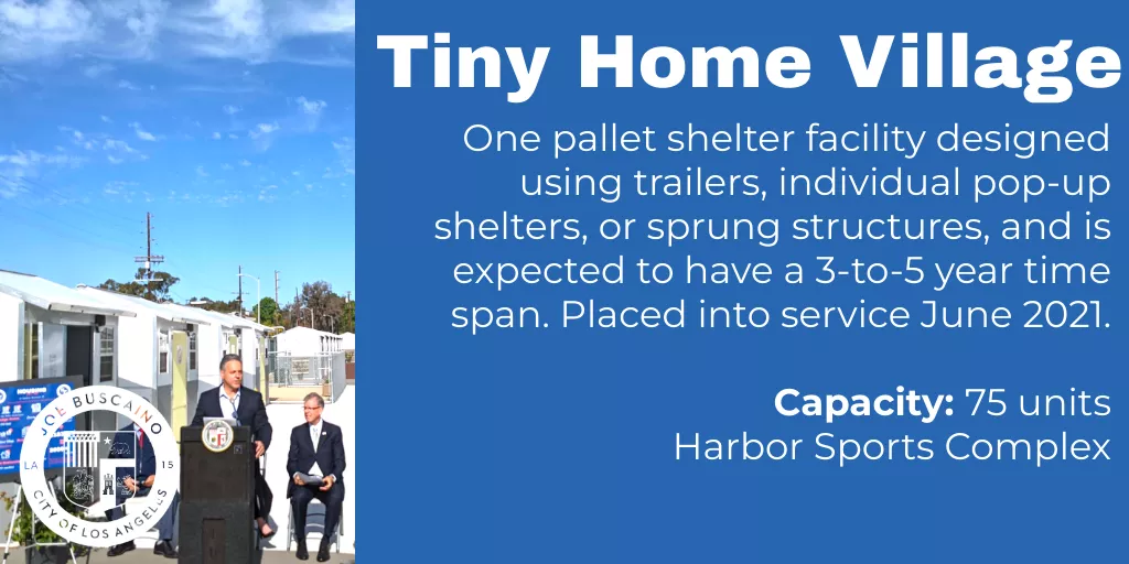 Tiny Home Village: One pallet shelter facility designed using trailers, individual pop-up shelters, or spring structures, and is expected to have a 3-to-5 year time span. Placed into service June 2021. Capacity:75 units. Harbor Sports Complex